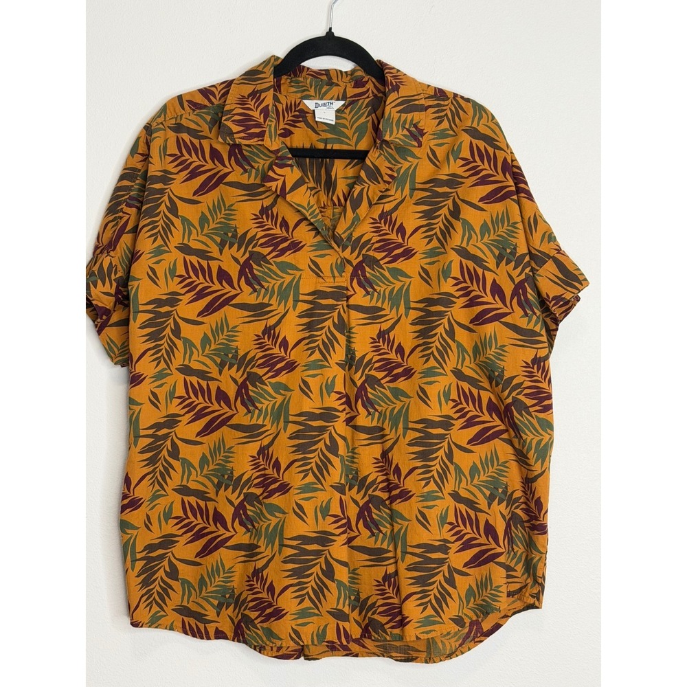 Duluth Trading Co Women's Organic Cotton Tropical Leaf Popover Shirt Gold L